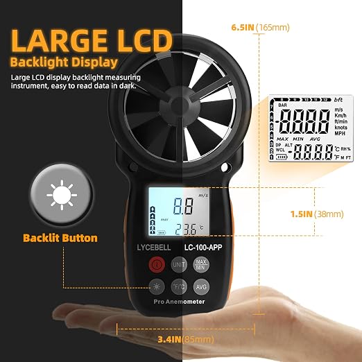 Wireless Anemometer with APP Bluetooth, Digital Handheld Wind Speed CFM Meter Measuring Temperature, Wind Chill, Air Flow Velocity, Wind Gauge for HVAC Outdoor Sailling Climbing Drone 100-APP