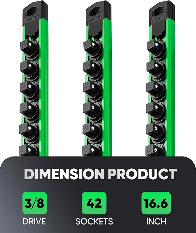 ALOANES Magnetic Socket Organizer Set, 3-Piece Heavy Duty Aluminum Socket Rails, 360° Swivel Clips Socket Rail Kit for Tool Tray Drawer Fit 3/8-Inch x 42 Clips (Green, 3PC)