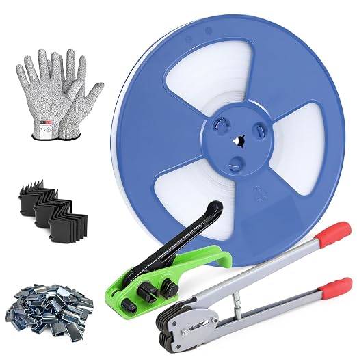 Banding Strapping Kit with 1/2" x 3200" Polypropylene (PP) Band 100 Metal Seals 20 Plastic Edge Protectors Tensioner Sealer Tool Glove for Pallet Box Packaging