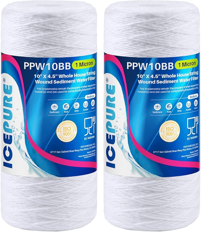 ICEPURE 1 Micron 10”*4.5'' Whole House Sediment String Wound Water Filter Replacement filter for 84637, WPX5BB97P, PC10, 355214-45, 355215-45, WP10BB97P, WP5BB97P, 2 PACK