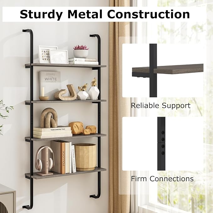 Giantex 4-Tier Industrial Bookshelf, Wall Mounted Pipe Shelving Unit, Floating Shelves with Metal Frame, Hanging Wall Display Shelf, Wood Ladder Bookshelf for Living Room, Kitchen,Gray Oak