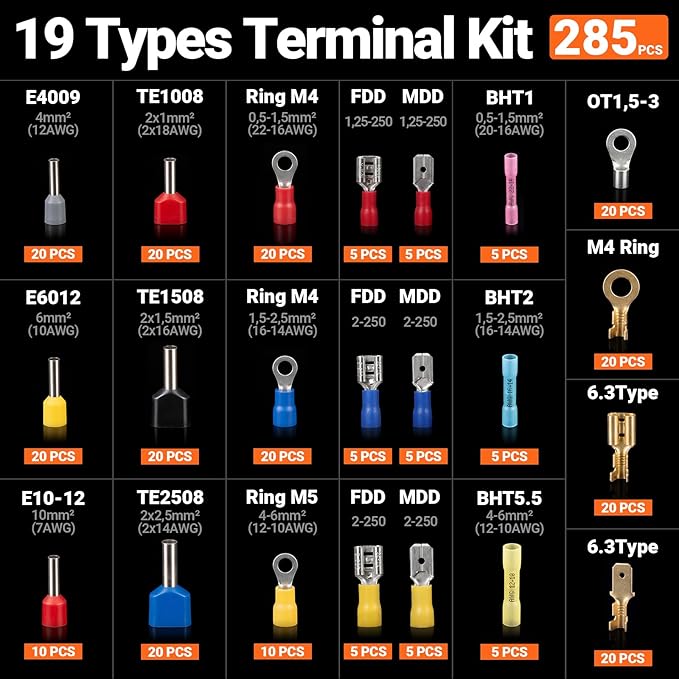 Preciva Crimping Tool Kit with 6PCS Crimping Die, Wire Stripper, 285PCS Terminals, for Heat Shrink, Insulated, Open Barrel, Ferrule, Circlip & Solar Connectors