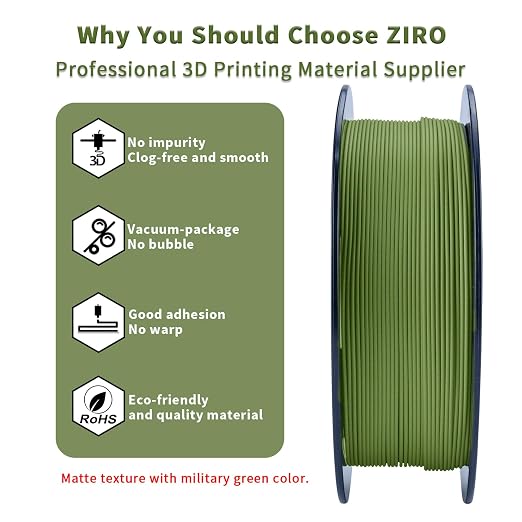 ZIRO Matte PLA Filament 1.75mm, Pure Color No-Shine 3D Printer Filament, High Toughness 3D Printing Material, Dimensional Accuracy +/- 0.03mm, Military Green(Matte)
