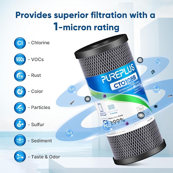 PUREPLUS 1 Micron Coconut Shell Water Filter Cartridge | Activated Carbon Block CTO | Universal Whole House 10 inch Cartridge | Compatible with WFHDC8001, CB-BB-10, EPM, EP-BB, 3Pack