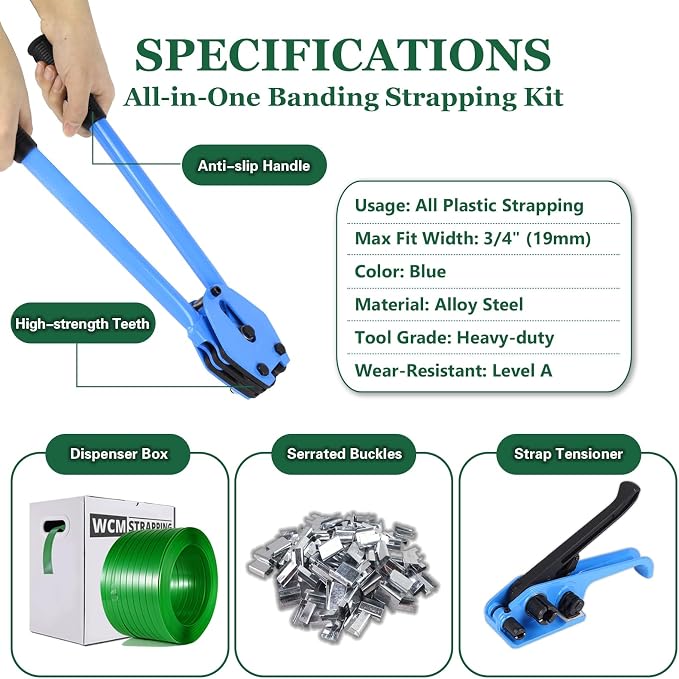 Banding Strapping Kit, Pallet Strapping Kit, Packaging Banding Tool with 5/8" Width, 1000' Length Polyester Strapping Coil Roll and Dispenser Box – Heavy Duty Certified 1200 lbs Break