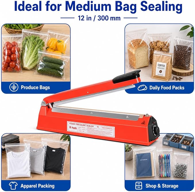 Impulse Heat Sealer with Seal bar, Heavy-Duty Bag Sealing & Cutting Machine, 2 Extra Replacements (red, 12inch)