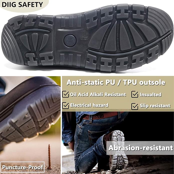 DIIG Work Boots for Men, Steel/Soft Toe Waterproof Working Boots, Slip Resistant Anti-Static Slip-on Safety Working Shoes