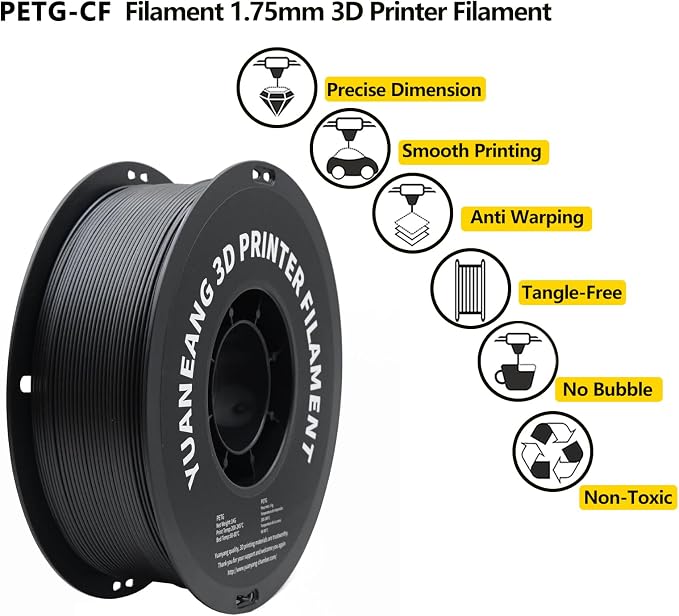 PETG-CF Carbon Fiber 3D Printer Filament 1.75mm, 1kg Spool, Reinforced PETG with Carbon Fiber, High Strength & Rigidity, Heat-Resistant, Low Warping, ±0.03mm Precision