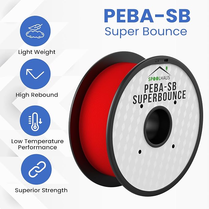 PEBA Filament High Rebound Flexible Filament Super TPU Nylon Based Strength 1.75mm 78% Energy Return Bouncy Airless Basketball Lightweight 3D Printer Filament SpoolHaus Superbounce (Red, 1kg)