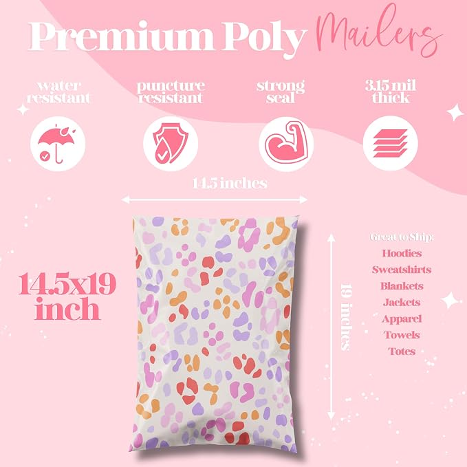Pretty Package Store Poly Mailer 14.5x19, Preppy Leopard, 100 Pack | Heavy Duty, Waterproof, Self Seal, Tear Resistant, Shipping Bags for Small Business Packaging, Bulk Mailing Envelopes