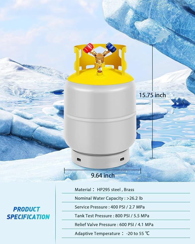 Recovery Tank Refrigerant Recovery Cylinder Tank 30 LB with 1/4 SAE Y-Valve Liquid/Vapor Reclaim Tank AC Freon Refrigerant Recovery Tank Reusable Cylinder Tank Without Float Switch