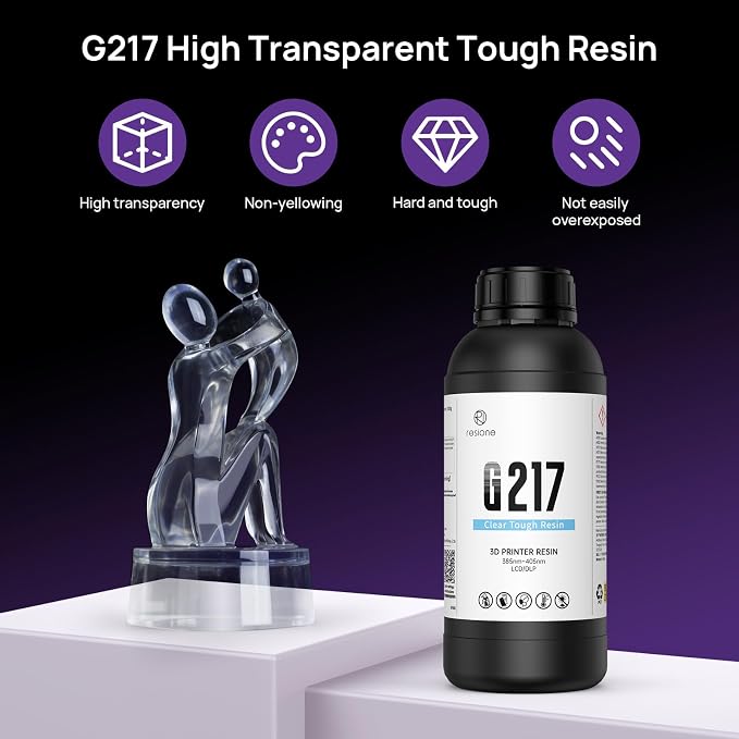 RESIONE G217 Clear Tough 3D Printer Resin, Non-Yellowing Transparent Resin, ABS-Like Strength, High Impact & Tensile Strength, Ideal for Clear Miniatures, Prototypes & Special-Effect Parts, 1KG