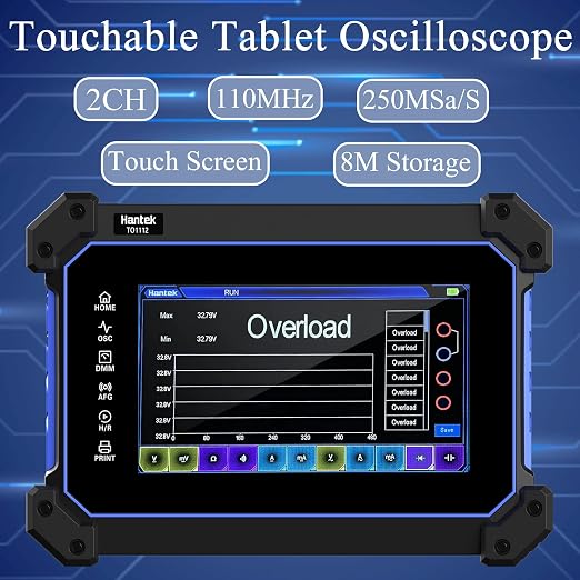 Hantek Tablet Oscilloscope 110MHz Bandwidth 250MSa/S 8M Storage Depth with 7" Touch Screen(TO1112/110MHz+2CH)