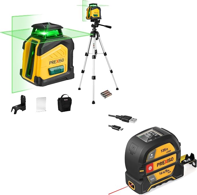 PREXISO 2-in-1 Digital 135Ft Rechargeable Laser Tape Measure & PREXISO 360° Laser Level with Tripod, 100Ft Dual Power Self Leveling