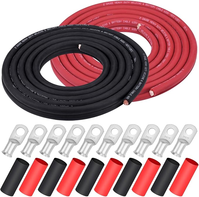 iGreely 2 AWG Gauge Wire 20 Feet Black + 20 Feet Red Ultra Flexible Welding Battery Pure Copper Cable + 5pcs of 5/16" & 5pcs 3/8" Copper Cable Lugs Terminal Connectors with Heat Shrink Tube