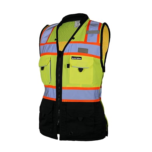 Kishigo Women's High Visibility Reflective Premium Black Series Heavy Duty Surveyors Vest S5021, Zipper Closure, Polyester, ANSI 107 Type R/Class 2, Multiple Pockets for Tools (Lime/Black, M)