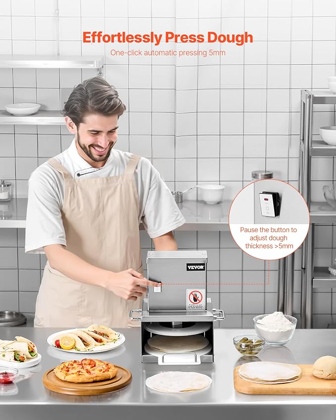VEVOR Electric Pizza Dough Press Machine, 6 Inch Pizza Pastry Press Plate, Stainless Steel Bread Presser, Commercial Forming Machine with Adjustable Thickness and 100 Sheets of Parchment Paper