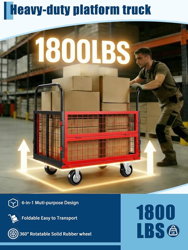 GarveeTech Platform Truck Cart with Cage, 6-in-1 Multi-Purpose Flatbed Cart, Foldable Hand Truck Load 1800LBS with 4 Wheels Push Dolly for Grocery, Laundry, Garage, Warehouse (Red+Black)
