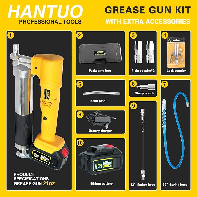 Grease Gun Kit 20V MAX with Battery and Charger Cordless Grease Gun, 12000 PSI Electric Grease Gun with Quick Release Coupler, 39” Hose, Extension Rigid Pipe for Tractors, Trailers, Mechanical