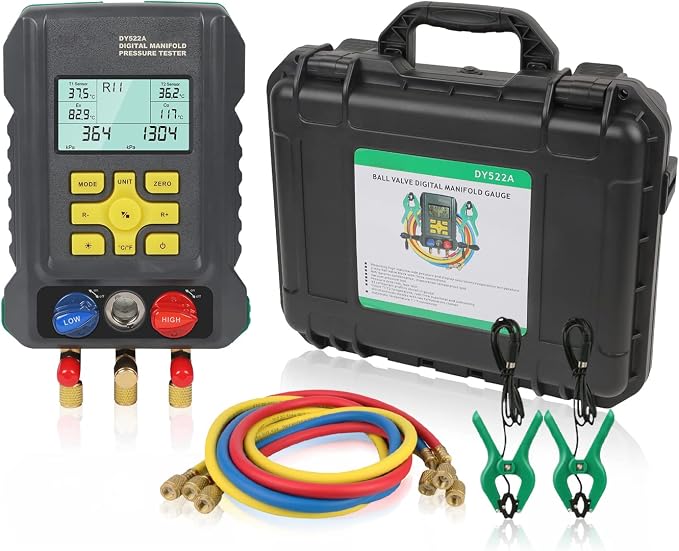 Digital Manifold Gauge with 93 Refrigerant Data,Digital Manifold HVAC Gauge Set for Pressure&Temperature Test, Digital Refrigerant HVAC Gauge with Upgraded Ball Valve&Hoses&Temp Clamps&3.5"LCD Display
