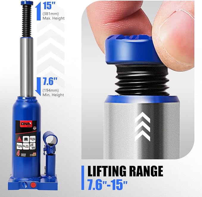DNA Motoring 4 tons / 8818 lbs Lifting Automotive Welded Hydraulic Bottle Jack for Repair Vehicle, Pickup, Truck, w/Manual Handle, Blue,TOOLS-00353