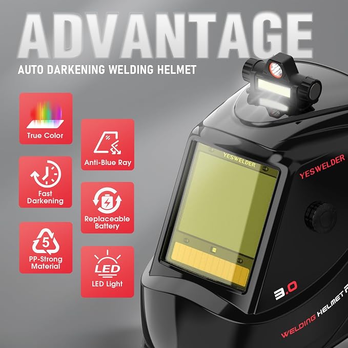 YESWELDER Intelligent Auto-Shade Auto Darkening Welding Helmet Large View with LED, Digital Filter, 1/1/1/1 True Color Solar Powered, Shade 3/5-9/9-15 Welder Mask for MIG/TIG/Stick/Cut/Grind