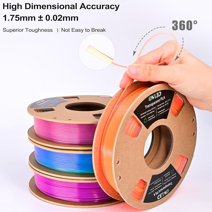 OVV3D Transparent PLA 3D Printer Filament Bundle 250g x 4 Spools, Multicolor Clear PLA Filament 1.75mm Pack, Translucent Color Change 3D Printing Filament, Vibrant Gradient Pastel Filament