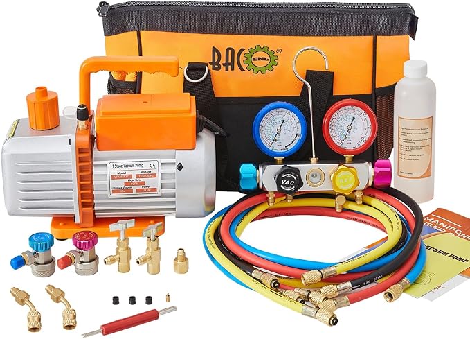 BACOENG R32 AC Vacuum Pump and Gauge Set, 5 CFM HVAC Vacuum Pump Kit for Mini Split System, Sparkless Motor for R32 R410a R134a R22 Refrigerants - w/ R410a Mini Split Adapter & 4x5FT Hoses