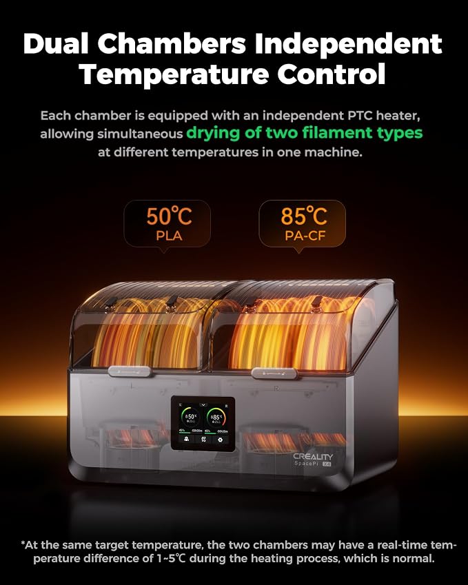 Creality Filament Dryer, Space Pi X4 Filament Storage Box for 4 Spools, Dual Independent Heating Chambers, 85℃ Max Temperature, Compatible with 1.75mm 2.85mm PLA PETG ABS TPU PC PA PAHT