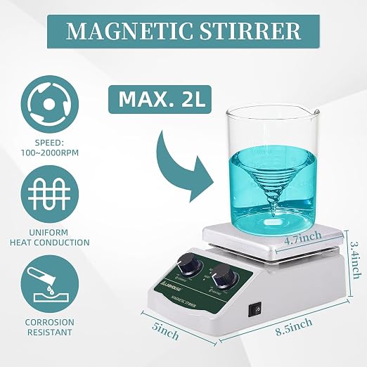 300℃/ 572℉ Magnetic Stirrer Hot Plate 2L Heated Mixer 2000RPM Lab Stirring W/Stir Bar Recycler Set(Non Digital)