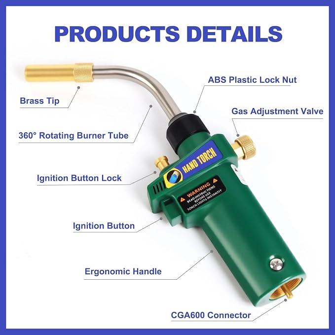 MAPP Gas Torch Kit, Auto-Ignition Turbo Torch with Extreme Swirl Turbo & Quick Disconnect, Propane Torches for HVAC, Plumbing, Brazing, Heating, Brazes 1/16" to 1/2", Solders 1/8" to 1-3/4"