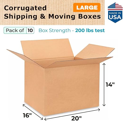 Large Shipping & Moving Boxes 20x16x14 inches (10-Pack) - Extra Strength 200 lb vs Regular - USA-Made Corrugated Moving Boxes for USPS/UPS/FEDEX - Cardboard Moving Box for Moving by IDL Packaging