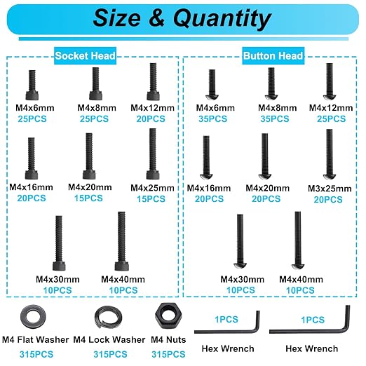1260Pcs M4 Screw Kit, M4x6/8/12/16/20/25/30/40mm Metric Screws Bolts and Nuts Kit, 10.9 & 12.9 Grade Alloy Steel Button Head and Socket Head Screws, Metric Bolts for 3D Printing