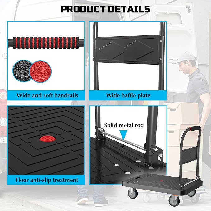 Platform Truck, Foldable Handcart with Swivel Wheel 34"x22" Heavy-Duty Push Dolly Cart,1000lbs Capacity, 6 Steel Load-Bearing Beams for Warehouse Garage Home Use