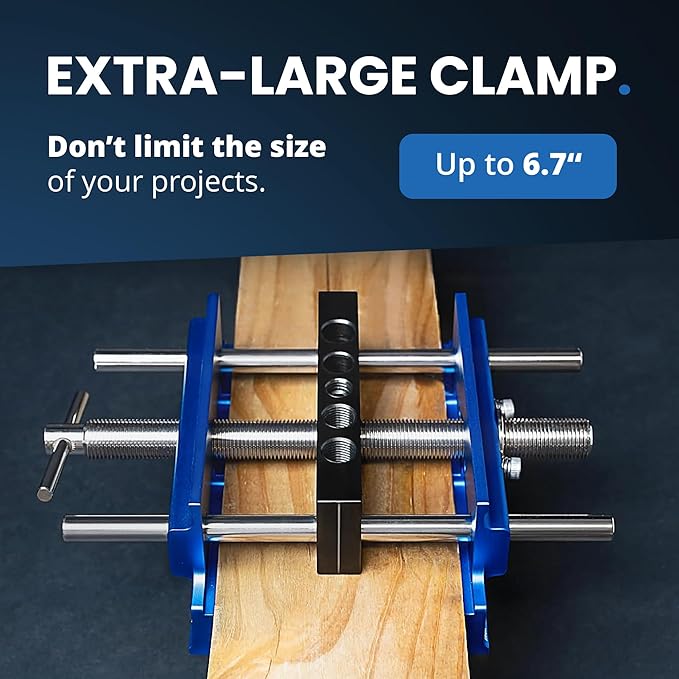 ELEON Self Centering Dowel Jig with Elongated Jaws & Extra Wide Clamp up to 6.7" - Precision Woodworking Made Effortless - Lasting Craftsmanship - Aluminum Alloy Drill with Guide & 6pcs Drill Bushings