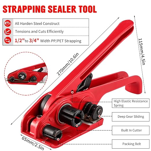 Banding Packaging Pallet Strapping Kit with Strapping Tensioner Tool,Banding Sealer Tool. 5/8″x 852′925lbs Break Strength Polyester Strapping with 100 Metal Seals for Pallets, Logistics, Warehouse