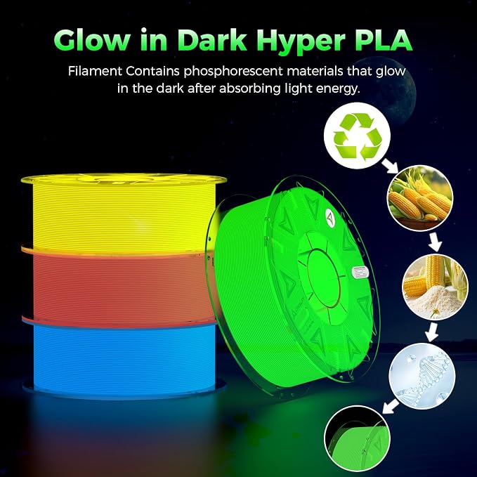 Creality Glow in The Dark Hyper PLA Filament, Luminous 3D Printer Filament 1.75mm, High Brightness&Long Time Glows Filament Bundle, Dimensional Accuracy +/-0.02mm, 4kg Spool(Pink,Blue,Yellow,Green)
