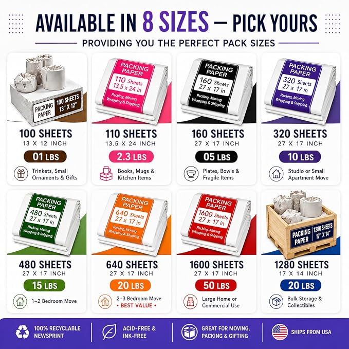 Purple Papers White Bulk Packing Paper | 1600 sheets | 27" x 17" | 50 lbs | Sheets for Moving - Newsprint Paper - Must Have in Your Moving Supplies | Newsprint Papers | Packaging Paper