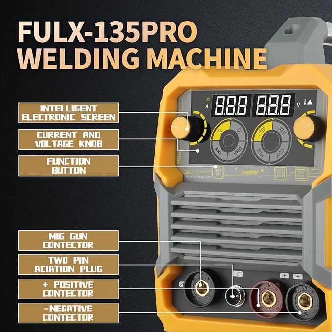 135A MIG Welder 110V,Flux Core Welder with Flux MIG/Lift TIG/Stick 3-in-1 IGBT Inverter LED Digital Display Welder with Thermal Protection,Hot Start,Adjustable Arc Force,VRD,and Anti-Stick