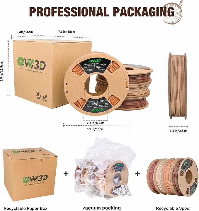 OVV3D Wood 3D Printer Filament Bundle, Wood PLA Filament 1.75mm Bundle, Add More Than 30% Real WoodFiber, Walnut, Oak, Cherry, Teak, 1.75 PLA Filament 3D Printing Filament, 200g X 4 Pack