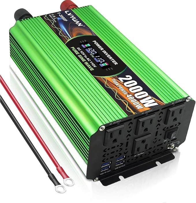 2000 Watt Pure Sine Wave Inverter, DC 12V to 120V AC Power Inverter for Vehicle, RV, Truck, Off-Grid, Car Power Inverter with 4 AC Outlet, 5V/3.1A USB, Surge 4000W
