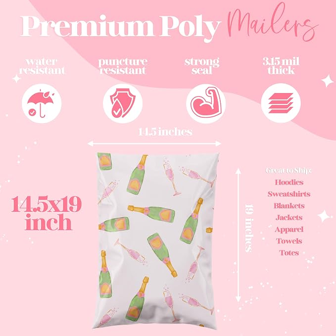 Pretty Package Store 14.5x19 Designer Poly Mailer 100 Pack Heavy Duty Waterproof Self Seal Shipping Bags for Small Business Large Mailing Envelopes Bulk Tear Resistant Packaging Pink Champagne