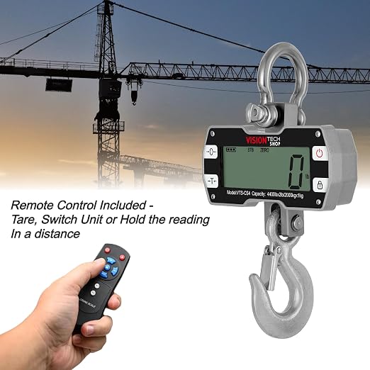 VisionTechShop Digital Crane Scale, VTS-CS4 4400lb/2000kg Heavy Duty Compact Hanging Industrial Scale with Remote Control, Large LCD Display, Backlight for Farm, Factory, Construction