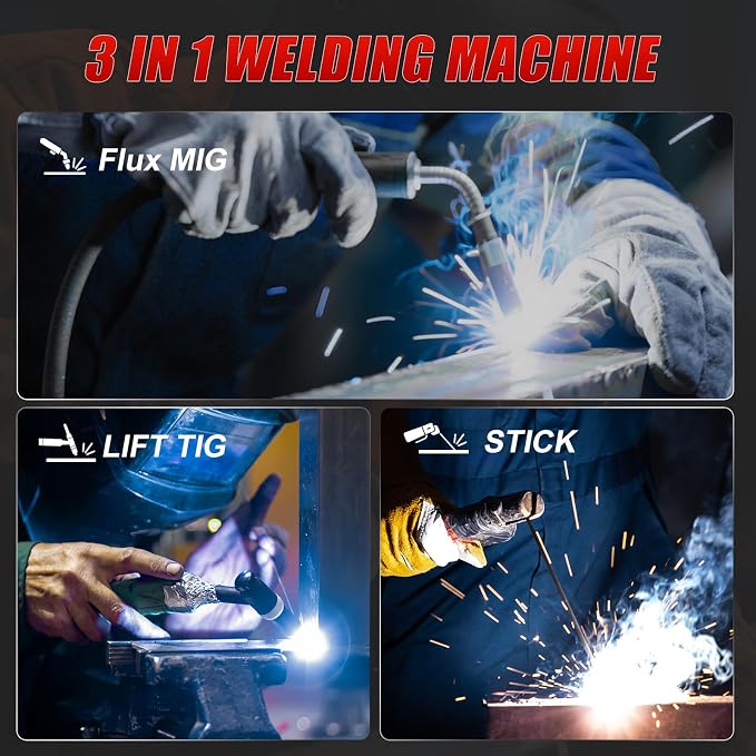 145A MIG Welder, 3 in 1 Flux Core Lift TIG Stick Welding Machine 110V IGBT Inverter Wire Feed Welder with Synergy Control, Welding Helmet and Gloves