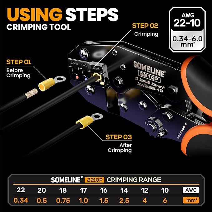 SOMELINE Wire Terminals Crimping Tool, with 45 Sizes Insulated Ratcheting Terminals Crimper Kit of AWG 22-10 Insulated Electrical Butt Bullet Spade Fork Ring Spade Splice Crimp Terminals
