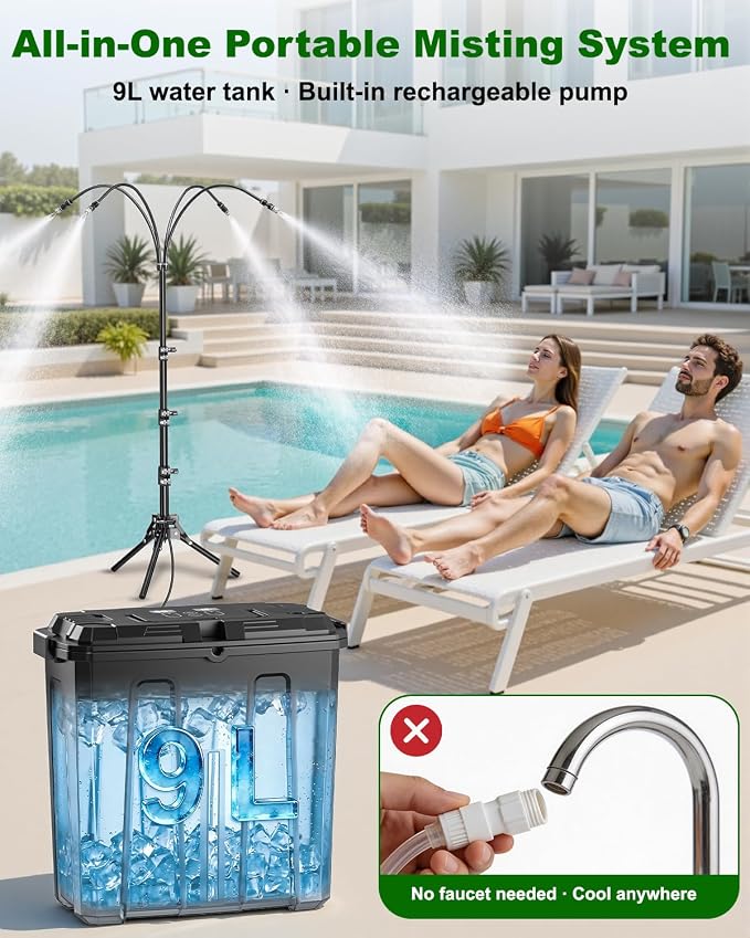 Ausic Portable Misting System with Stand, Water Cooling Misters Set for Outside Patio - 9L Bucket Built-in 10000mAh Battery & PCS Pump & Timer for Outdoor, Canopy, Sport, Golf, Beach, Greenhouse, Camp