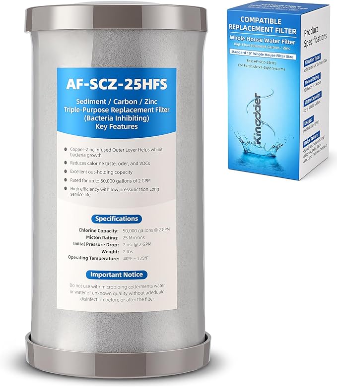 Kingdder Water Filter Compatible with Fortitude V2 Af Scz 25hfs Cartridge Replacement Filter for Home Whole House Filtration System, Triple-Stage Sediment, Carbon & Zinc, Standard Size (1 Pcs)