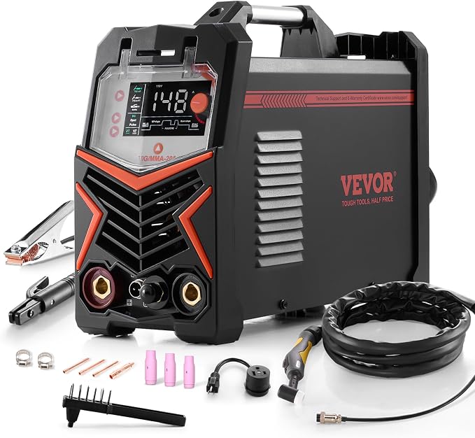VEVOR TIG Welder, 205A 3-In-1 Welding Machine (Large LED Display)- DC TIG/DC Pulse TIG/MMA(Stick), 110&220V Dual Voltage Electric Welder with IGBT Inverter High-Frequency Start