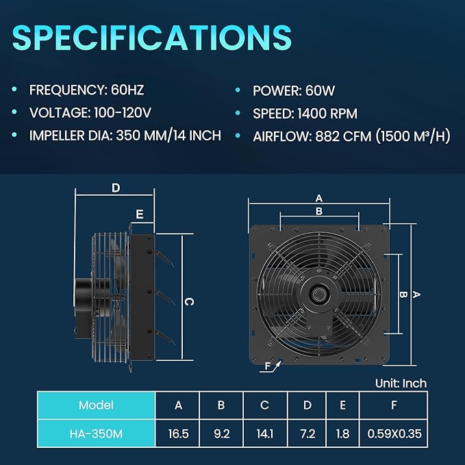 HG Power Upgraded 14 Inch Shutter Exhaust Fan with Speed Controller, 882CFM High-Speed Vent Fan, 1400RPM Wall Mounted Attic Fan with Steel Mesh Screen for Shed, Garage, Greenhouse Ventilation, Black