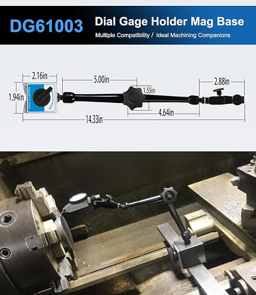 DG61003 Replacement Dial Indicator Magnetic Base Stand, Heavy Duty Magnetic Indicator Holder with Metal Fine Adjustment | Universal Holder for Dial & Test Indicators, 176 lb Magnetic Base, Articulating Arm for CNC Machining Inspection